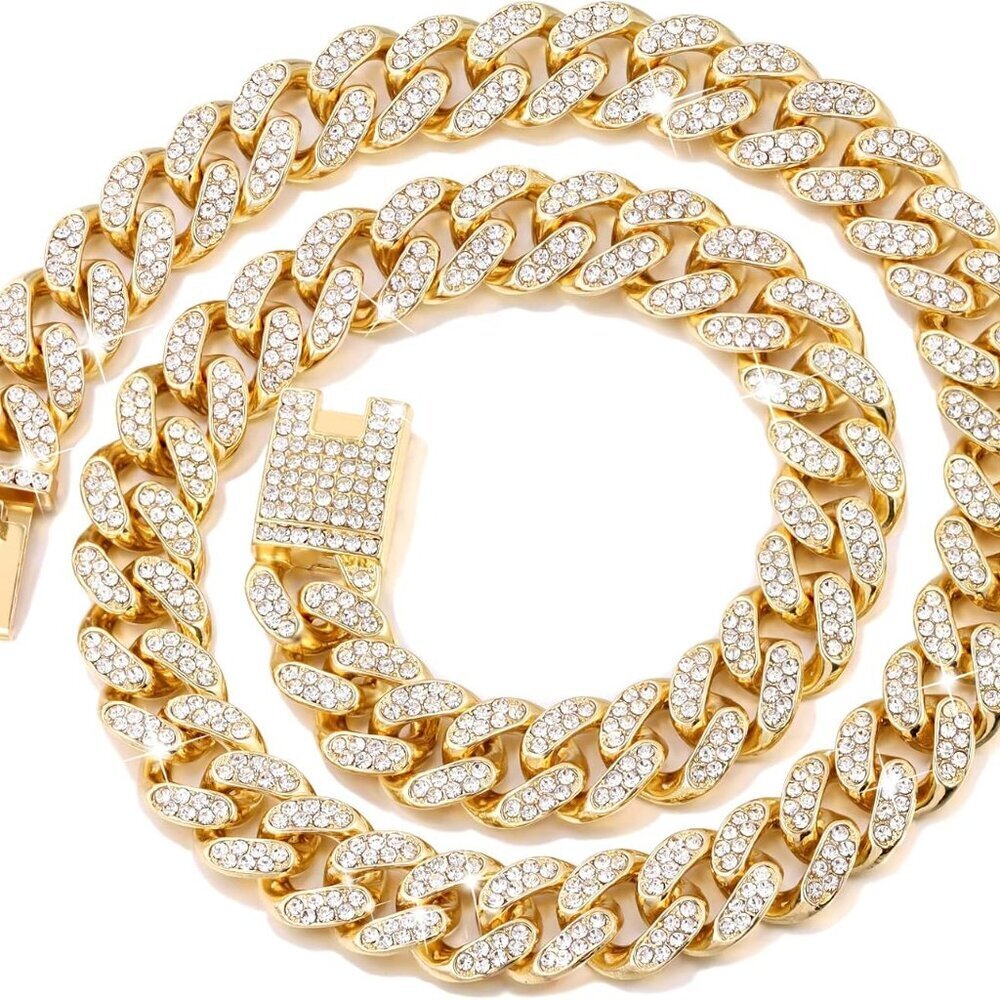 Cuban Link Dog Collar Gold Silver Color Metal Dog Chain Collar Cuban Diamond Cha